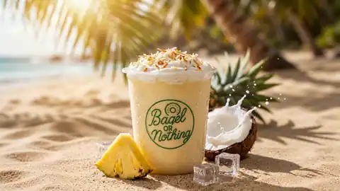 Piña Colada in a Bagel or Nothing cup on a sunny beach, coconut milk splashing